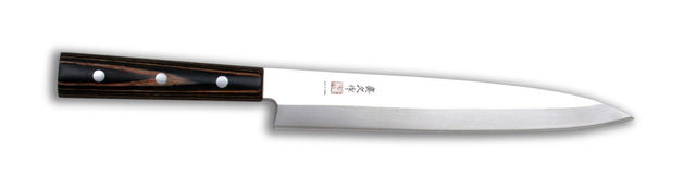 Sleek MAC Japanese FKW-7 Sashimi Knife (22.5cm) with ultra-sharp blade, perfect for precision slicing of sushi and sashimi.