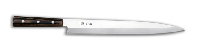 Traditional 30cm MAC Yanagiba sashimi knife for slicing uncooked fish with precision.