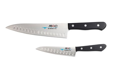 2 Piece MAC Chef Series Knife Set featuring an 8" Chef's Knife and a 5" Paring Knife, crafted for precision and comfort in the kitchen.