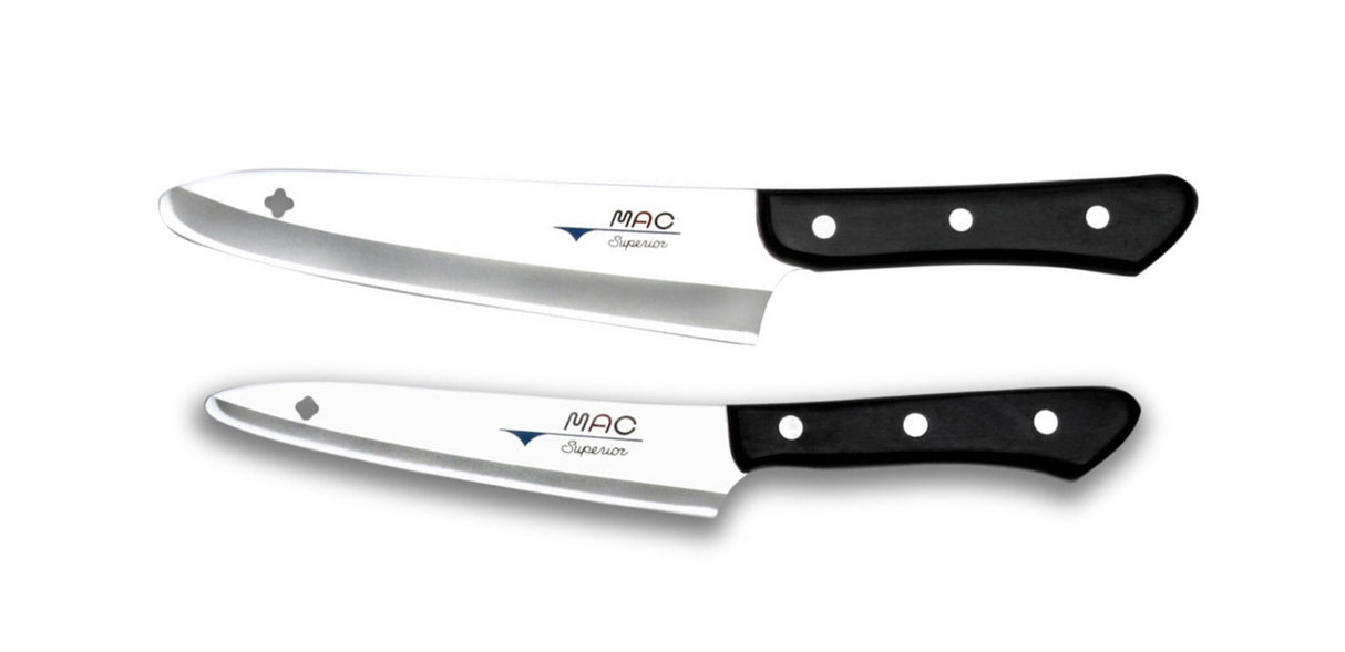 2 Piece MAC Superior Series Knife Set featuring 5" Paring and 7" Utility knives, ideal for precision cutting and daily meal prep.