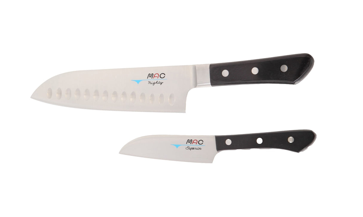 2 Piece Santoku Knife Set from MAC Professional with 10cm and 17cm stainless steel blades for precision slicing and dicing.