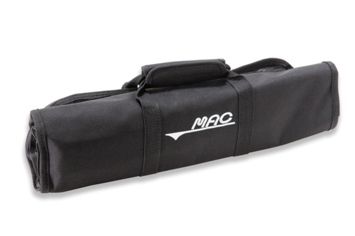 MAC Knife Roll Carrying Bag, designed for chefs, holds up to 8 knives, features pockets, secure fasteners, and durable nylon.