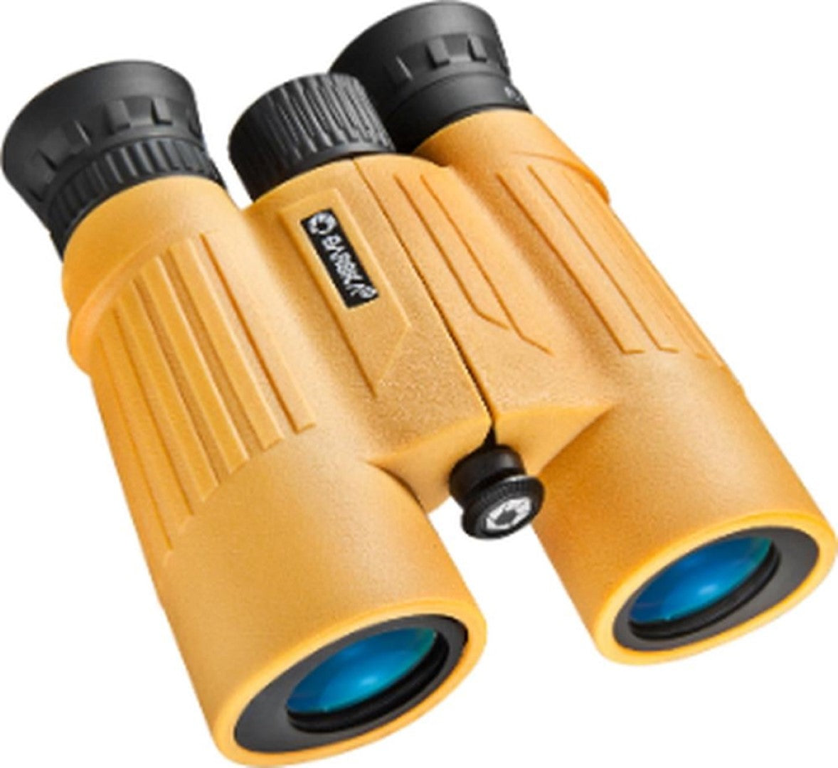 Bright yellow Barska Floatmaster 10x30 binoculars designed for boating, waterproof, buoyant, and featuring excellent light transmission.