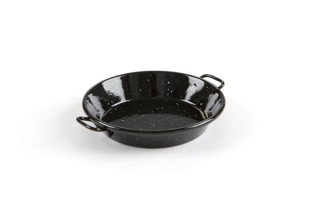 Garcima 15cm enamelled paella pan featuring high-quality steel, vibrant coating, and non-stick surface for easy cleaning.