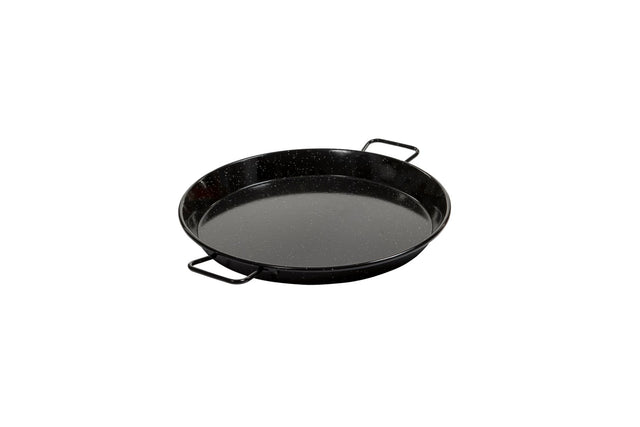 34cm enamel-coated paella pan with flat bottom, flared sides, and non-stick surface, suitable for various cooktops and baking.