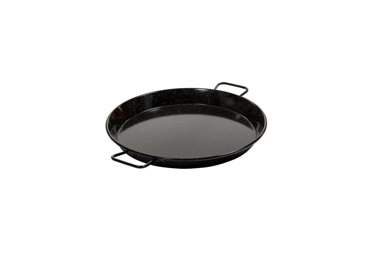 Garcima 42cm enamel paella pan with flared sides, ideal for authentic paella and versatile cooking on multiple heat sources.