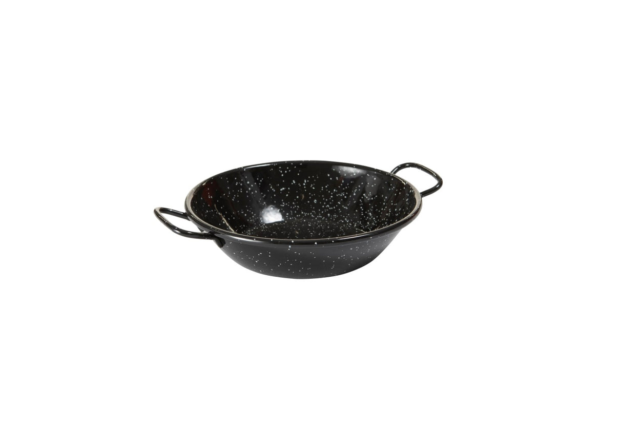 14cm Garcima Deep enamelled pan with 2 side handles, ideal for paella, stir-fries, and baking, featuring a non-stick surface.