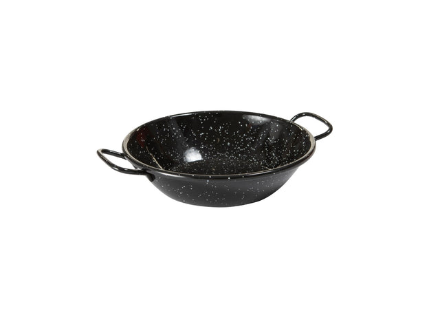 Deep enamelled pan with two handles, 16cm size, perfect for paella and various dishes, designed for even heat distribution.