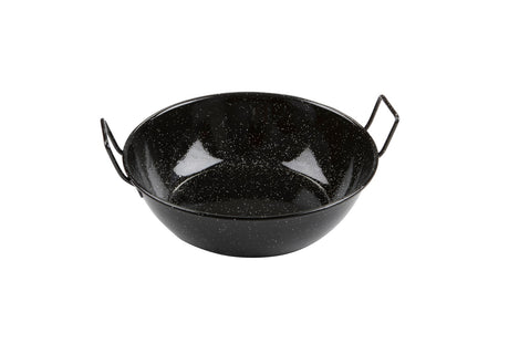 Garcima 28cm deep enamelled pan with two side handles, perfect for paella, stir-fries, and oven baking. Durable and easy to clean.