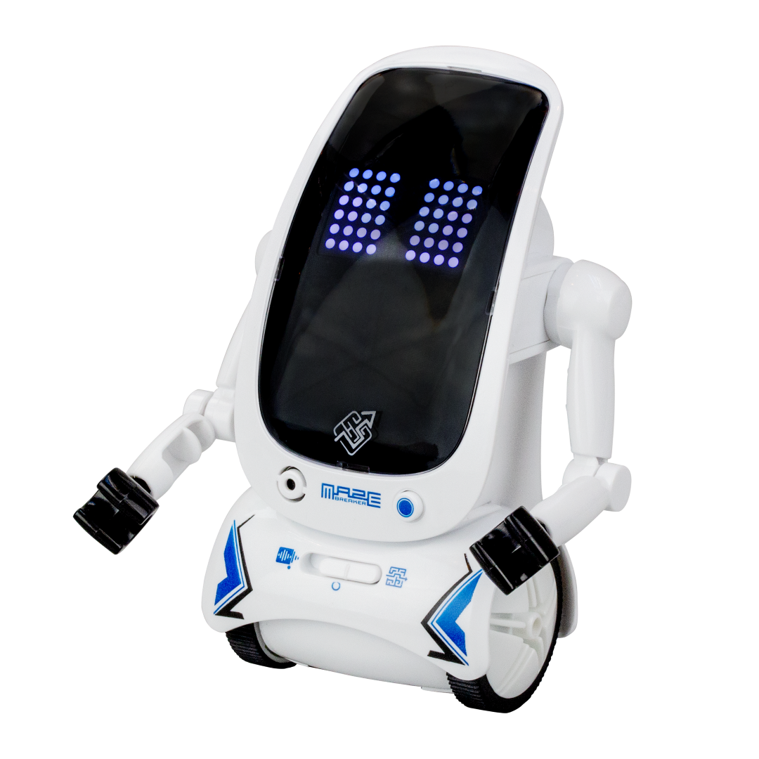 Maze-solving robot with LED face, interactive features, and multiplayer capability for creative STEM learning fun.