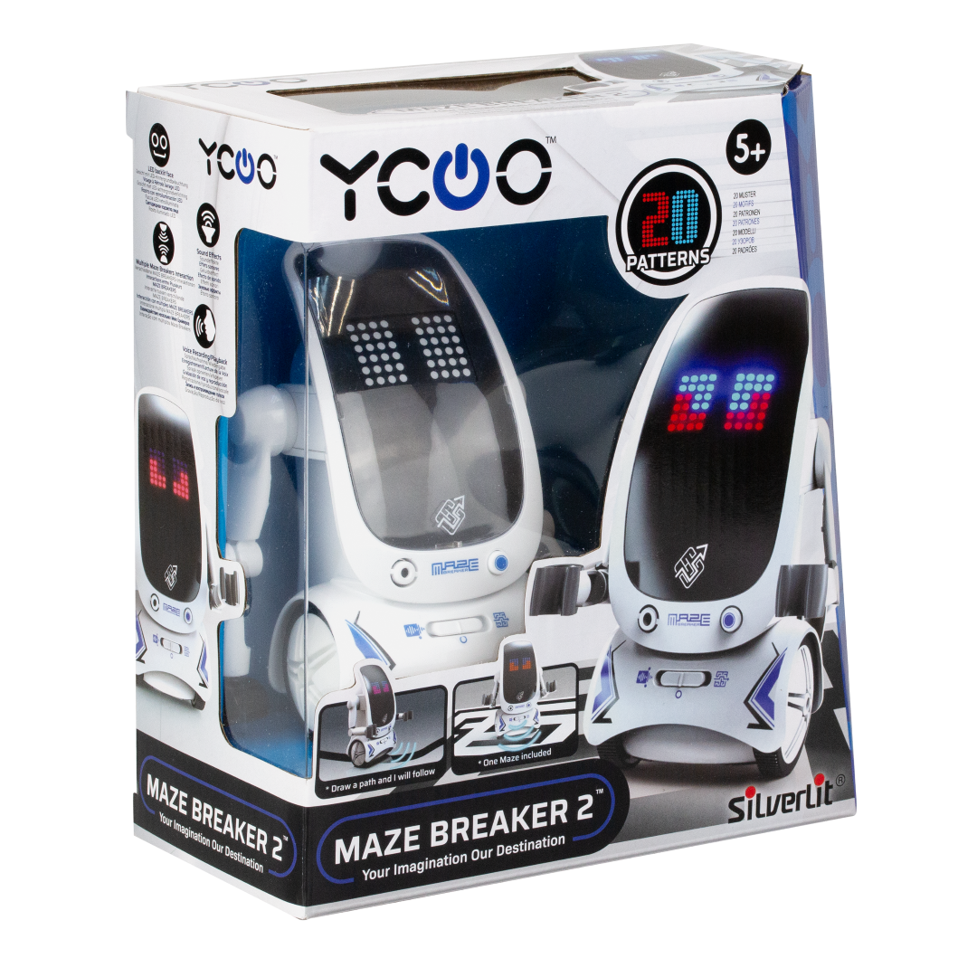 SILVERLIT YCOO - MAZE BREAKER II robot with LED face, follows drawn paths, records voices, and enables multiplayer fun for kids.