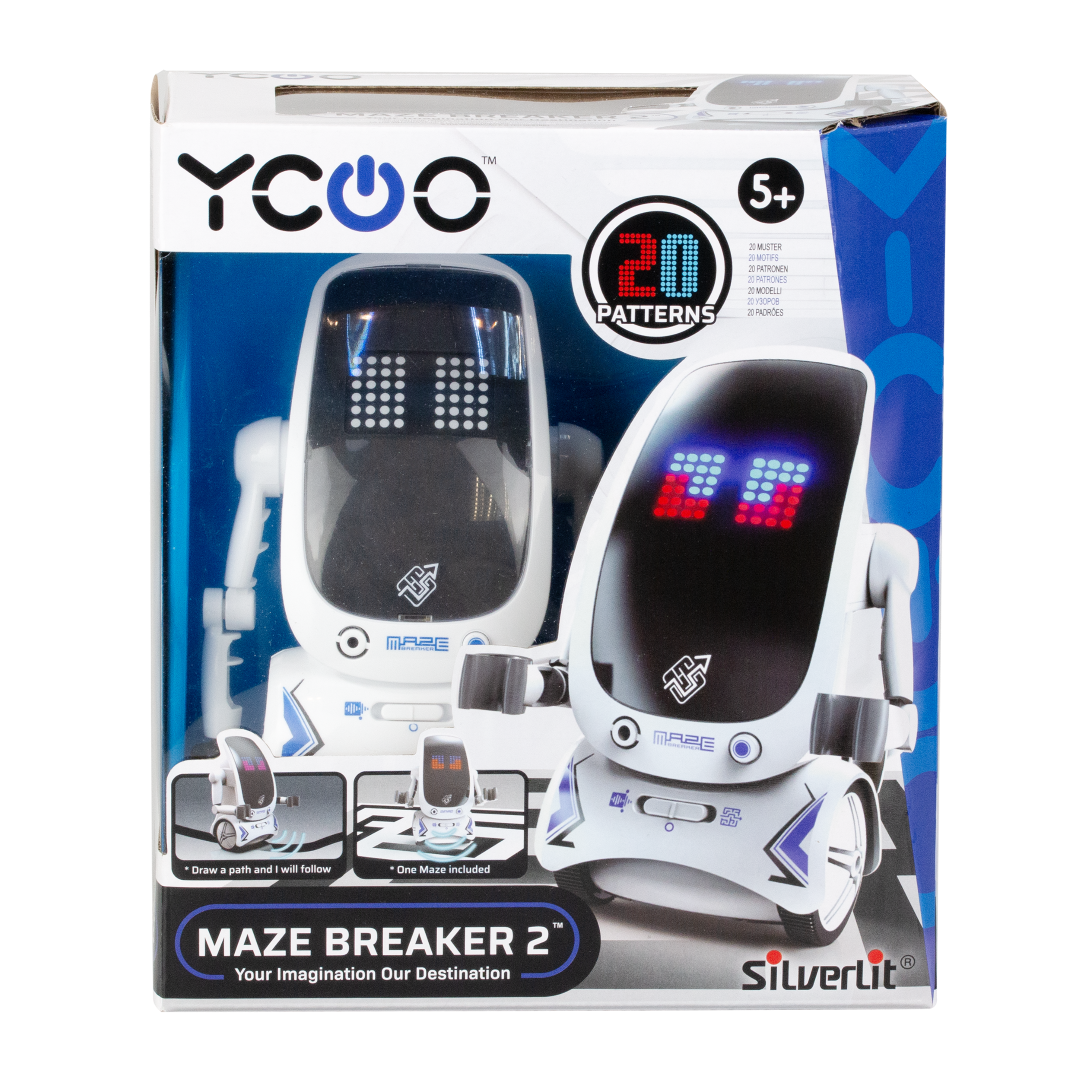 SILVERLIT YCOO MAZE BREAKER II robot with LED face, follows drawn paths, records messages, and enhances STEM learning.