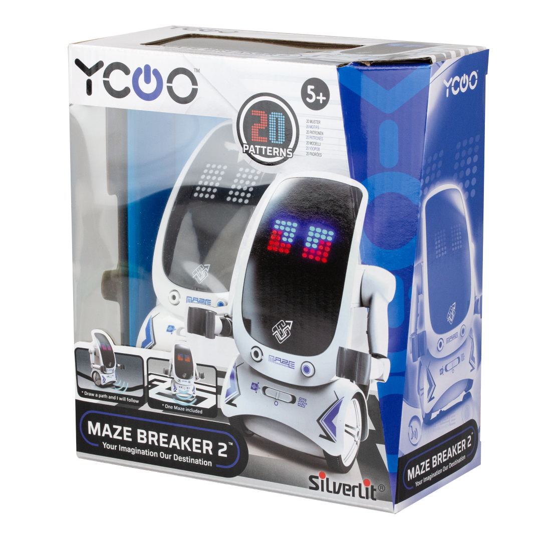 Interactive robotics toy with LED face, customizable paths, voice recording, and multiplayer fun for children aged 5+.