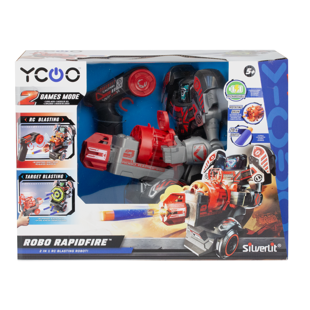 Dynamic remote-controlled blasting robot with transformable blaster, LED face, and engaging gameplay for kids.