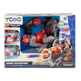 Dynamic remote-controlled blasting robot with transformable blaster, LED face, and engaging gameplay for kids.