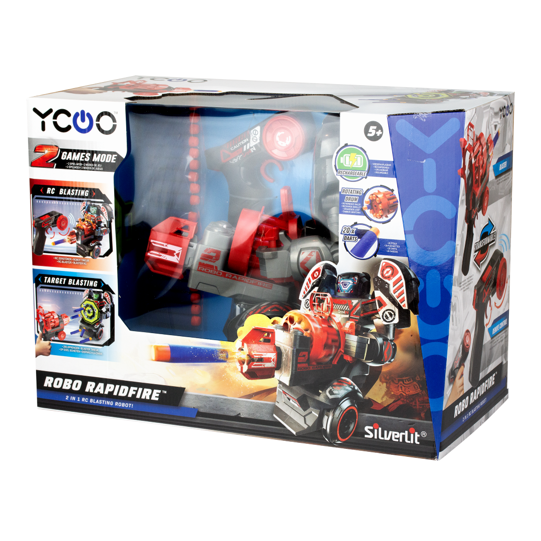 Remote control robot with blaster; features two-game modes, LED face, and soft EVA darts for safe play.