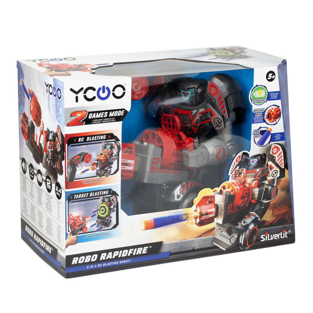 Remote control robot with transforming blaster, LED face, and two exciting game modes for action-packed playtime.