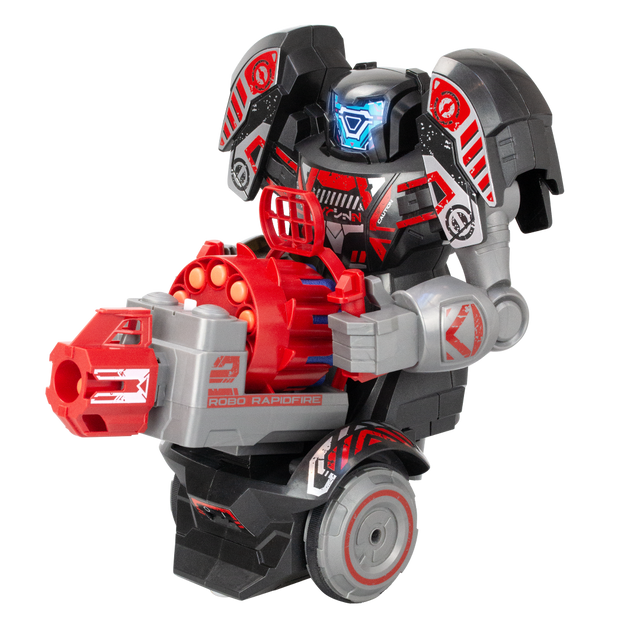 Alt text: "Transformable Silverlit YCOO ROBO RAPIDFIRE robot with LED face, blaster remote, and soft dart features for engaging play."