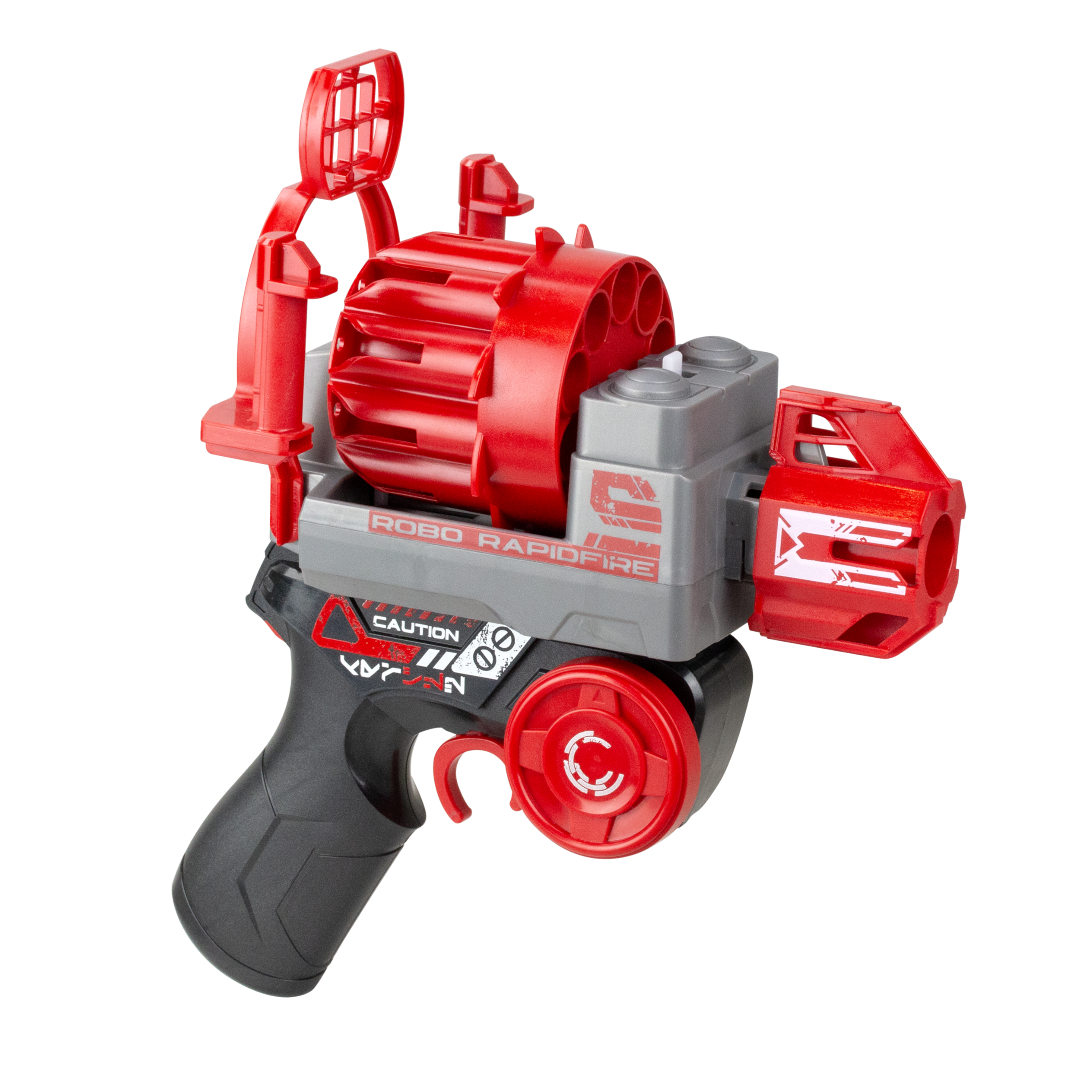 Remote control robot with transformable blaster, LED features, and soft EVA darts for safe, action-packed play.