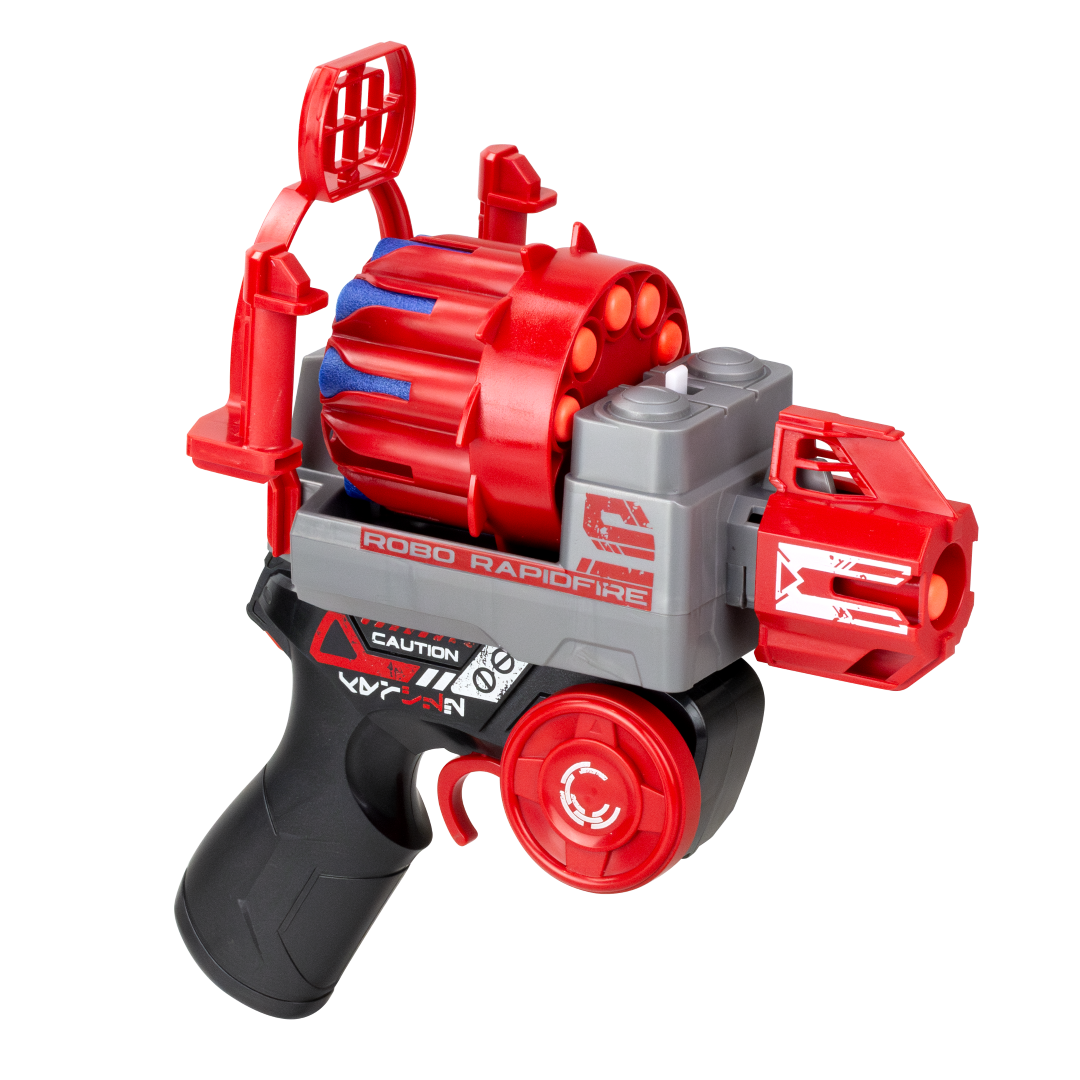 Remote control blasting robot with a transformable blaster, offering two exciting game modes and safe EVA darts for kids.