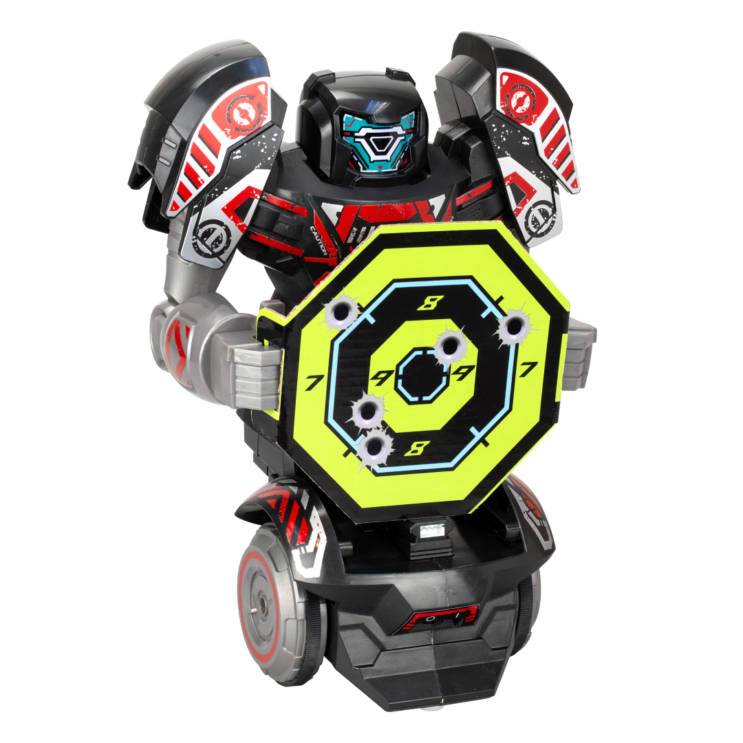 Remote control robot with transformable blaster, LED face, and interactive target blasting game. Perfect for active play!