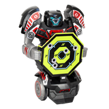 Remote control robot with transformable blaster, LED face, and interactive target blasting game. Perfect for active play!