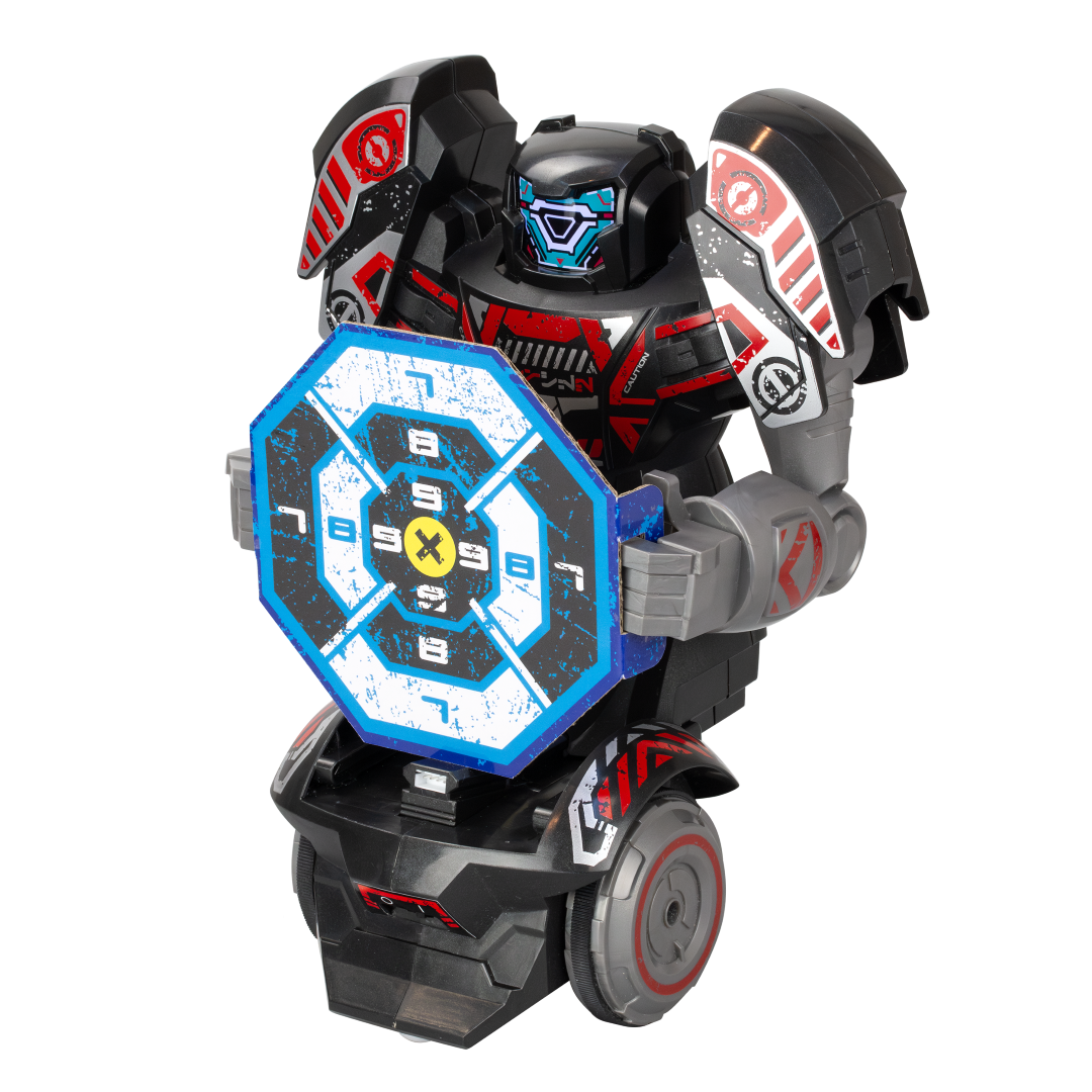 Remote control blasting robot with transforming remote, LED face, and two interactive game modes for thrilling play.