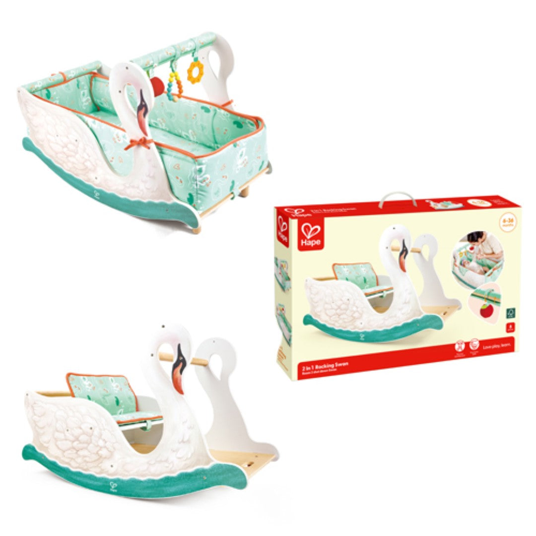 Hape 2-in-1 Baby Gym and Rocking Swan Chair with vibrant toys, soft cushions, and a charming swan design for playful comfort.