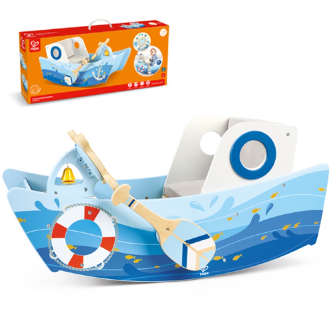 Colorful interactive toy boat with oars and a steering wheel, designed for imaginative play and skill development.