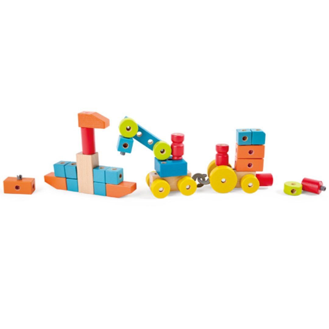 Colorful Hape Infinite Imagination Building Blocks made of eco-friendly beech wood, promoting creativity and motor skill development.