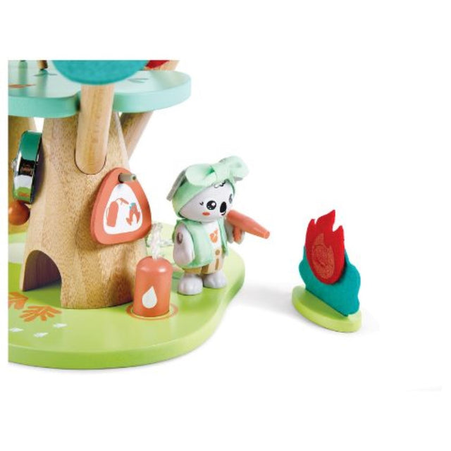 Wooden Hape Green Planet Forest Keepers Playset featuring a vibrant Treehouse HQ with Kiki the Koala and a sugar glider.