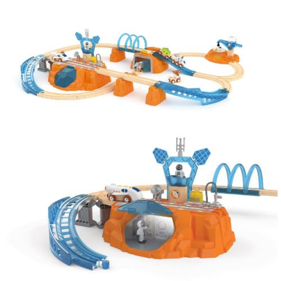 Hape Mars Exploration Rail Set: colorful train set blending space adventures and imaginative play for kids ages 3+.