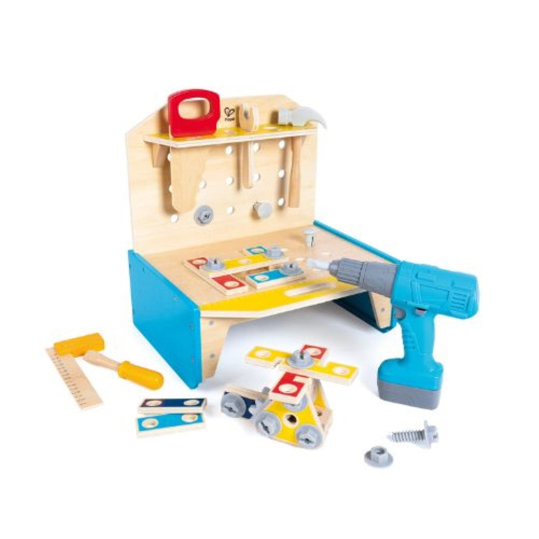 Hape Little Engineers Workbench with realistic tools to inspire creativity and fine motor skills in young builders.