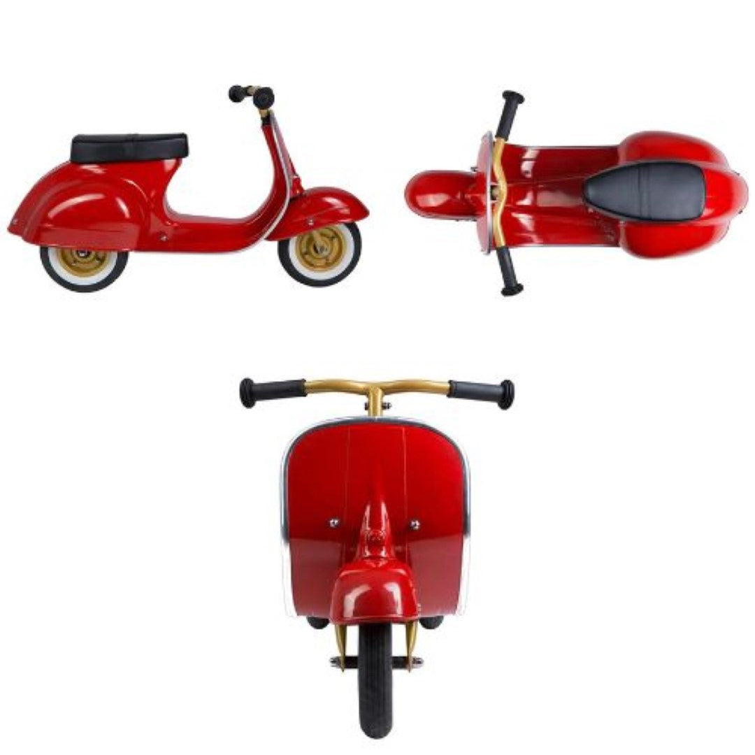 Alt text: Ambosstoys Primo Red Ride-On Scooter designed for kids 1-5, featuring classic Italian design and sturdy construction.