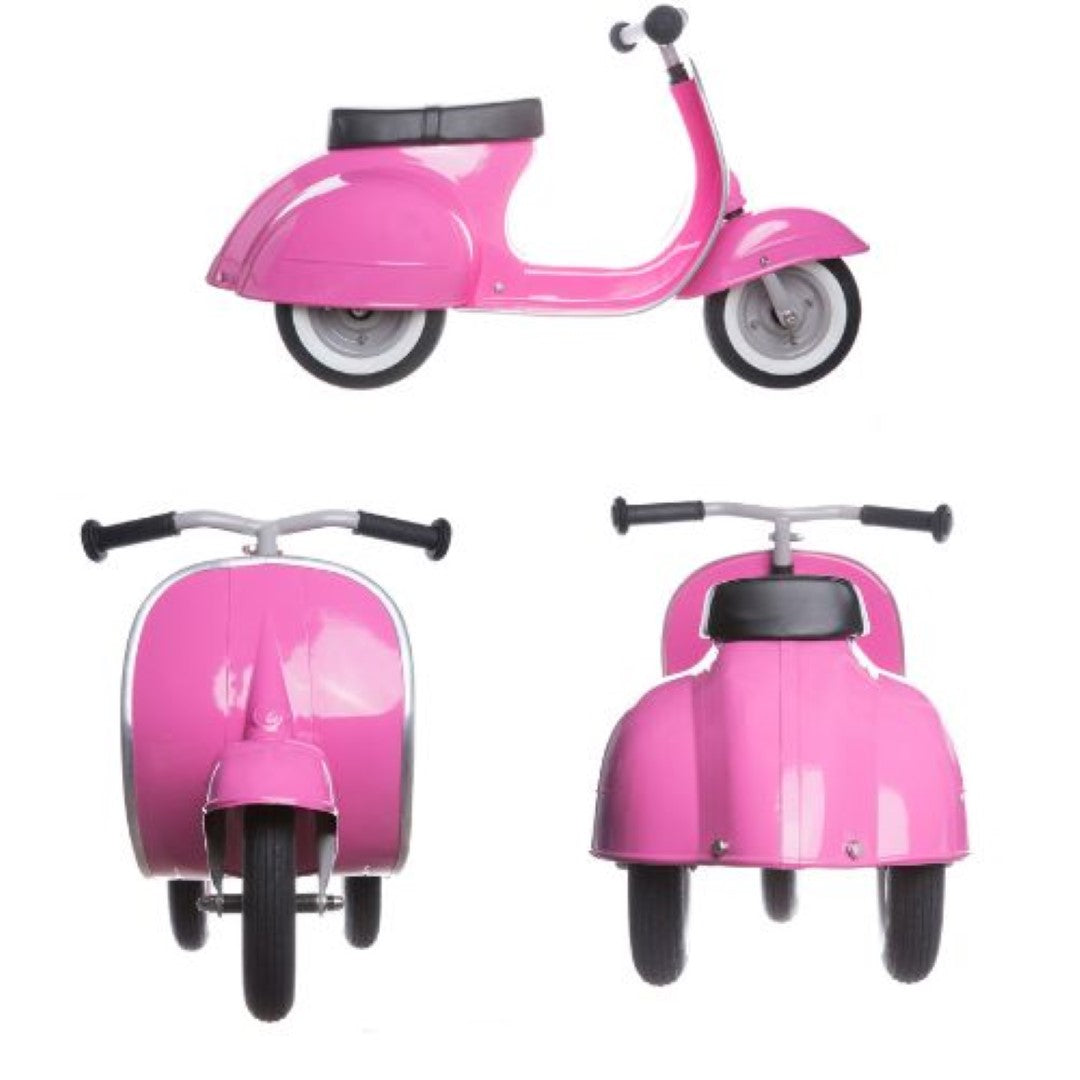 Ambosstoys Primo Pink Ride On Scooter for toddlers, featuring classic Italian design and durable construction for fun play.