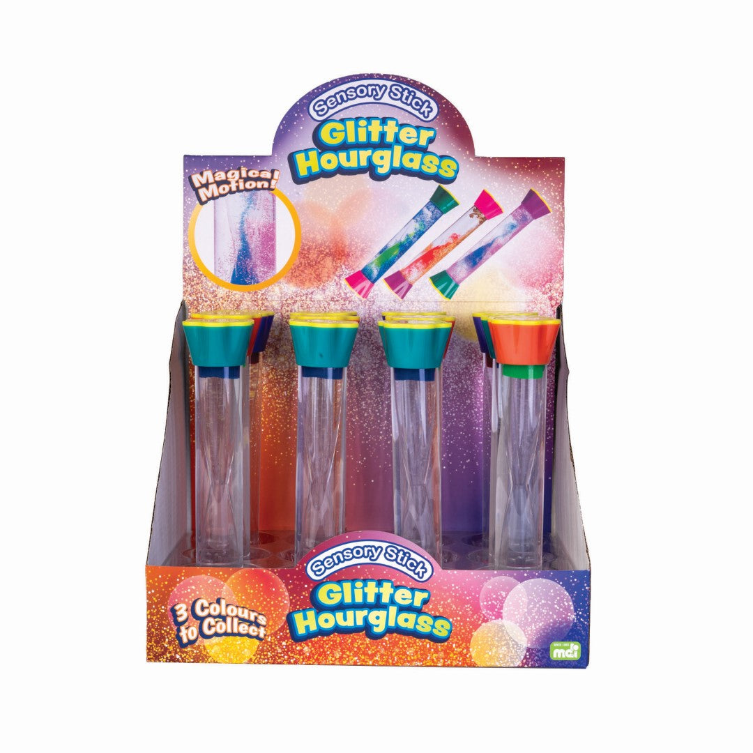 Colorful set of 12 glitter hourglass sensory sticks, perfect for relaxation, focus, and decorative fun in any space.