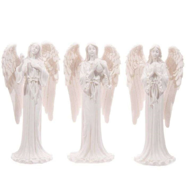 Set of 3 assorted 20cm white angel figurines, each with unique poses, perfect for home decor and thoughtful gifts.