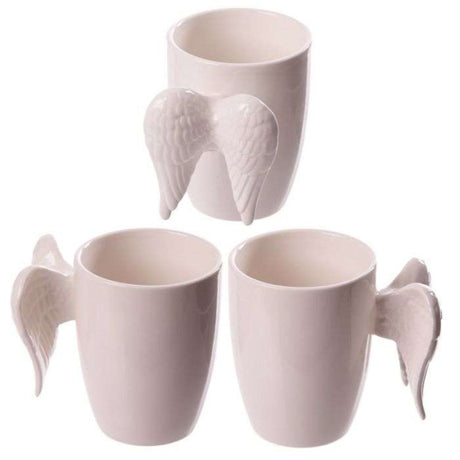 Ceramic mug with white angel wings-shaped handle, 380ml capacity, perfect for tea, coffee, or as a decorative piece.