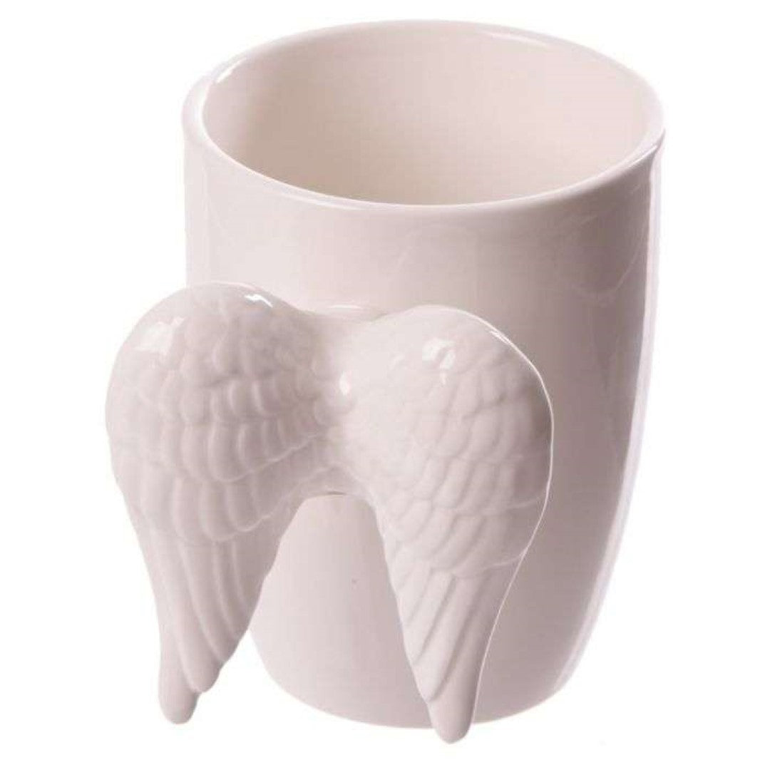 Ceramic mug with a whimsical white angel wings handle, ideal for tea, coffee, or as a decorative piece, 380ml capacity.