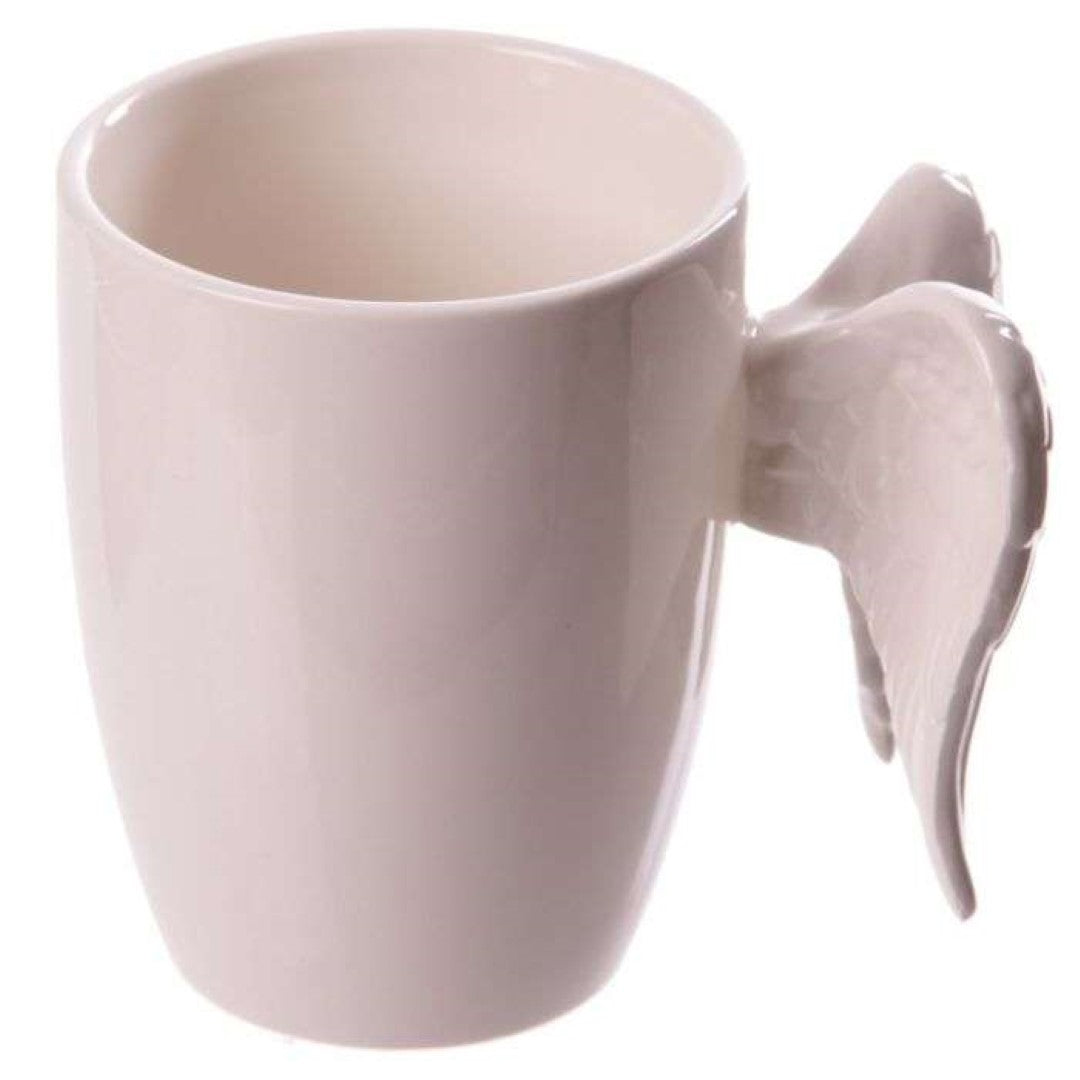 Ceramic mug with white angel wings handle, 380ml capacity, perfect for charming beverage enjoyment and home decor.