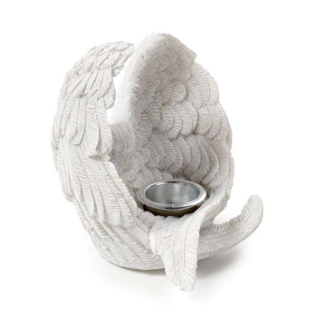 A resin incense burner shaped like angel wings, ideal for sticks and cones, enhancing relaxation and decor.