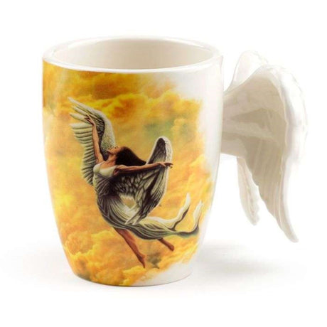 Ceramic mug with angel wings handle, 350ml capacity, elegant design, food safe, perfect for hot beverages.