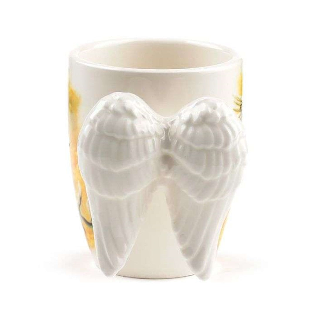 Ceramic mug with angel wings handle, 350ml capacity, artistic design, ideal for hot beverages, not microwave/dishwasher safe.