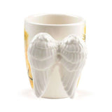 Ceramic mug with angel wings handle, 350ml capacity, artistic design, ideal for hot beverages, not microwave/dishwasher safe.