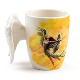 Ceramic mug with angel wings handle, 350ml capacity, artistic design, food safe, ideal for hot beverages.