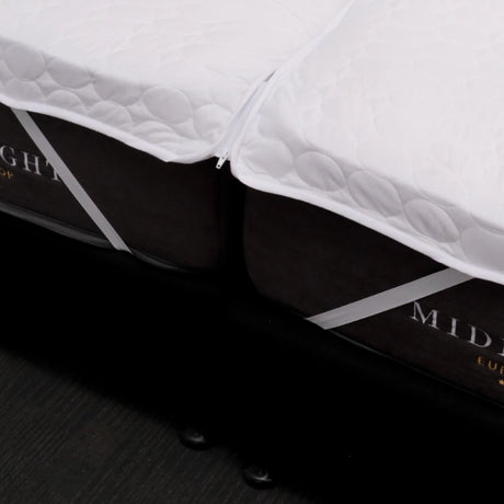 Quilted king mattress protector with split and zip design, eco-friendly materials, and secure corner straps for versatility.