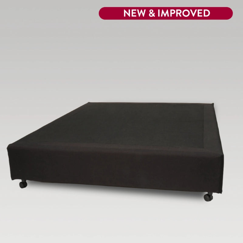 Commercial bed base with padded black microsuede, strong plywood slats, and castor wheels for easy movement and stability.