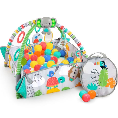 Bright Starts Neutral 5-in-1 Baby Gym with adjustable walls, 40 colorful balls, plush mat, and 6 engaging toys for playtime fun.