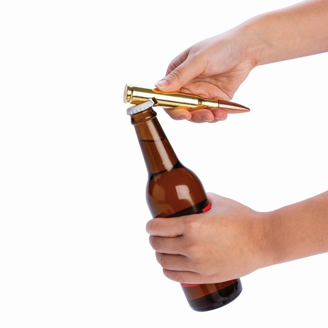 Bottle opener designed like a .50 caliber bullet, blending military style with functionality for drink enthusiasts.