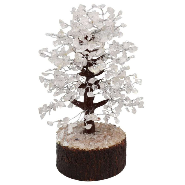 Clear Quartz Gemstone Tree, 20-30cm tall, features 400 polished beads, perfect for home decor and enhancing meditation energy.